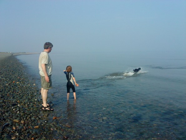 Wanda chasing a pebble thrown into sea